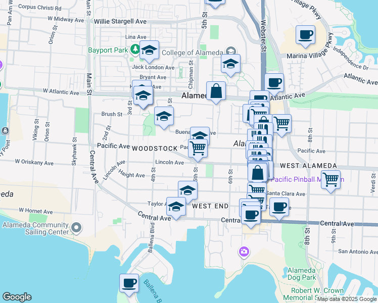 map of restaurants, bars, coffee shops, grocery stores, and more near 464a Pacific Avenue in Alameda