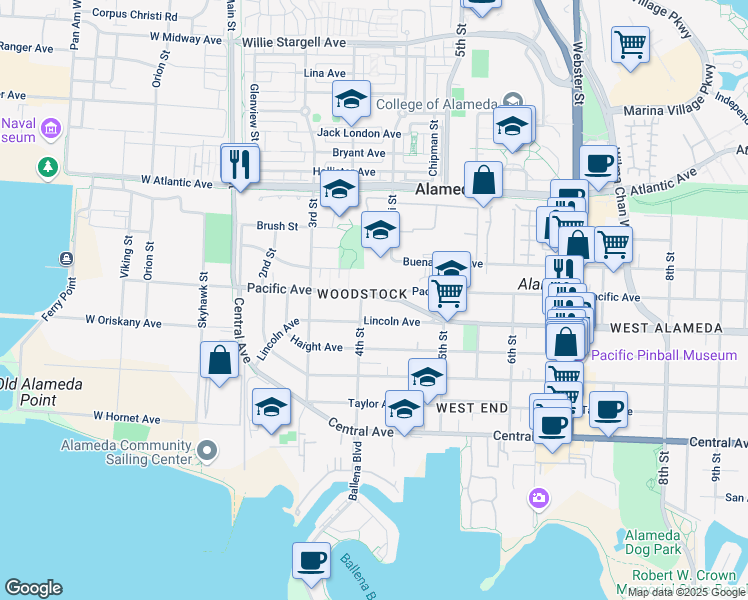 map of restaurants, bars, coffee shops, grocery stores, and more near in Alameda