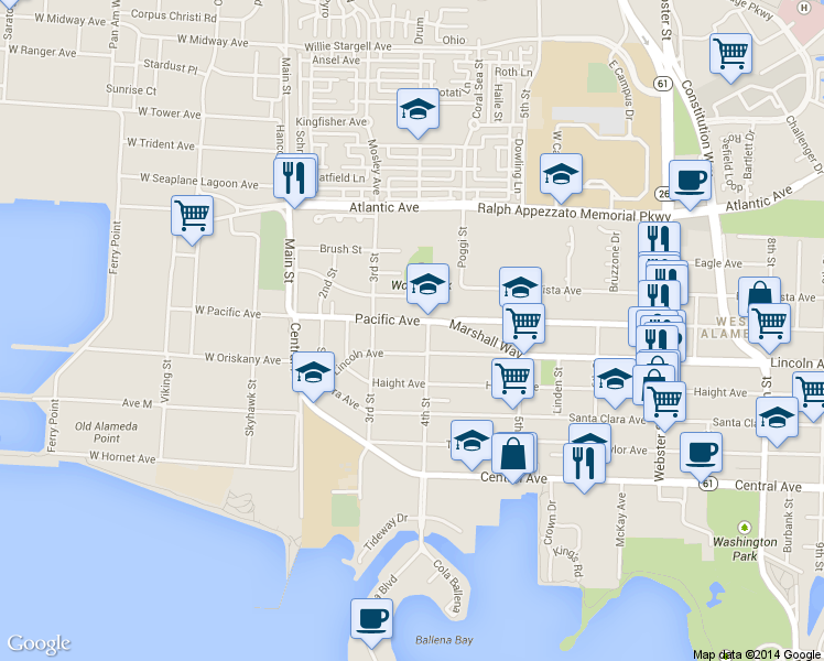 map of restaurants, bars, coffee shops, grocery stores, and more near in Alameda