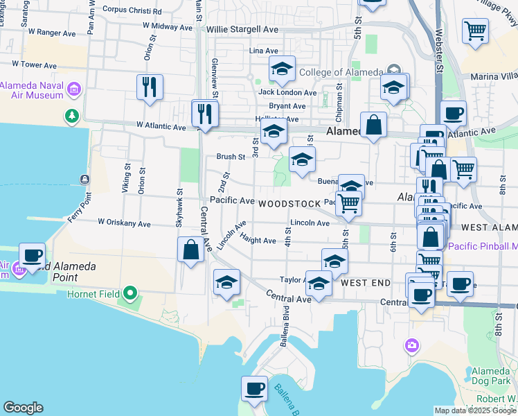 map of restaurants, bars, coffee shops, grocery stores, and more near 306 Pacific Avenue in Alameda