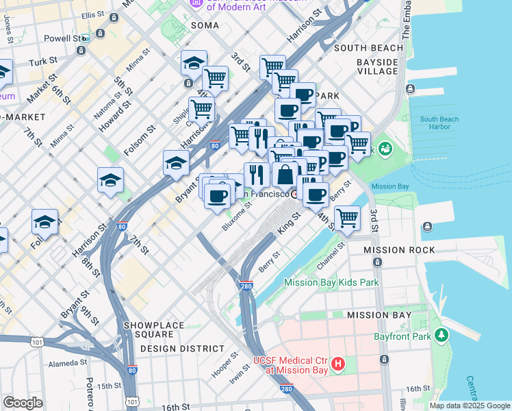 map of restaurants, bars, coffee shops, grocery stores, and more near 388 Townsend Street in San Francisco