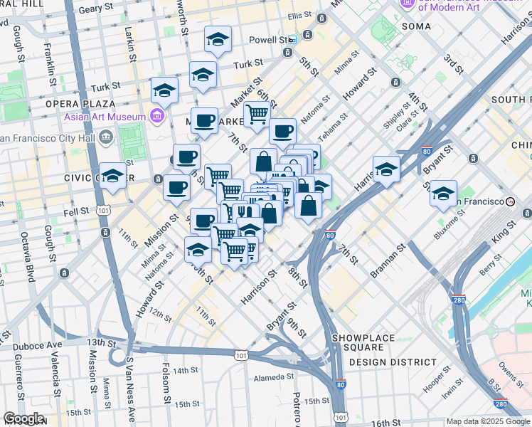 map of restaurants, bars, coffee shops, grocery stores, and more near 1136 Folsom Street in San Francisco
