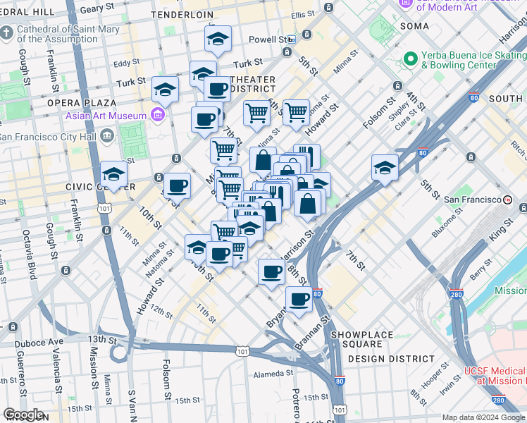 map of restaurants, bars, coffee shops, grocery stores, and more near 1136 Folsom Street in San Francisco