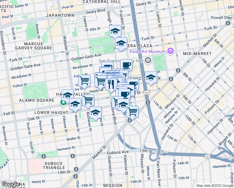 map of restaurants, bars, coffee shops, grocery stores, and more near in San Francisco