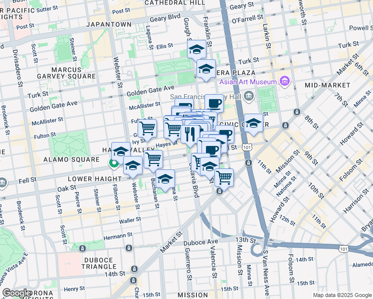map of restaurants, bars, coffee shops, grocery stores, and more near in San Francisco