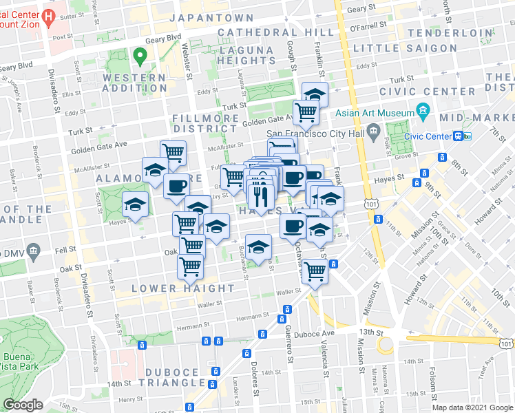map of restaurants, bars, coffee shops, grocery stores, and more near 542 Linden Street in San Francisco