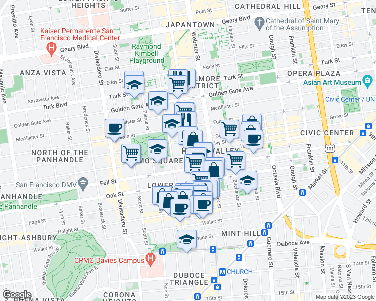map of restaurants, bars, coffee shops, grocery stores, and more near in San Francisco