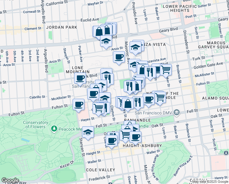 map of restaurants, bars, coffee shops, grocery stores, and more near 25 Loyola Terrace in San Francisco