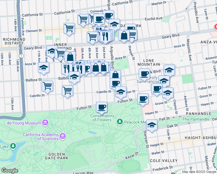 map of restaurants, bars, coffee shops, grocery stores, and more near 675 2nd Avenue in San Francisco