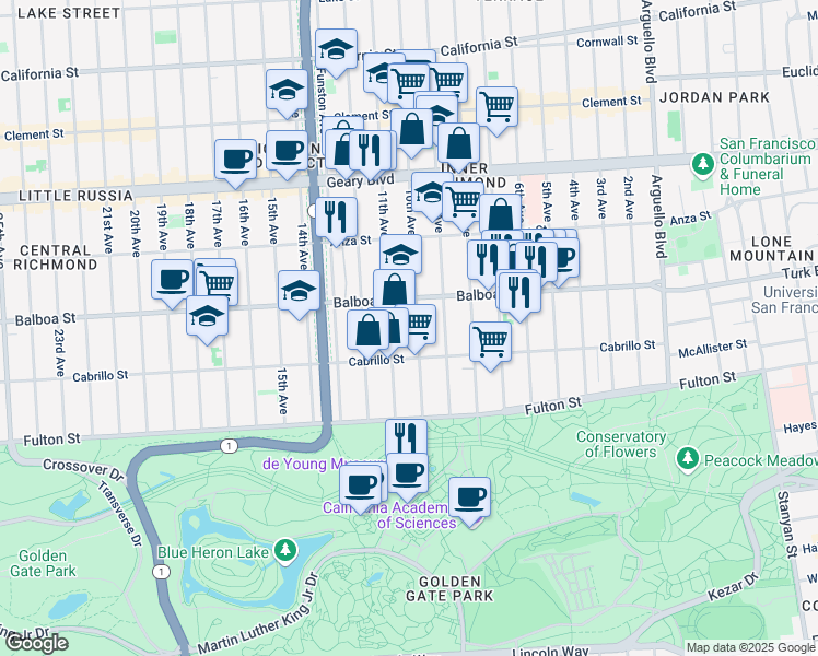 map of restaurants, bars, coffee shops, grocery stores, and more near 654 11th Avenue in San Francisco