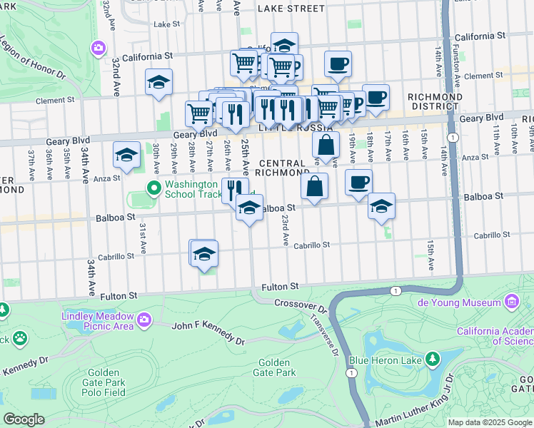 map of restaurants, bars, coffee shops, grocery stores, and more near 710 25th Avenue in San Francisco