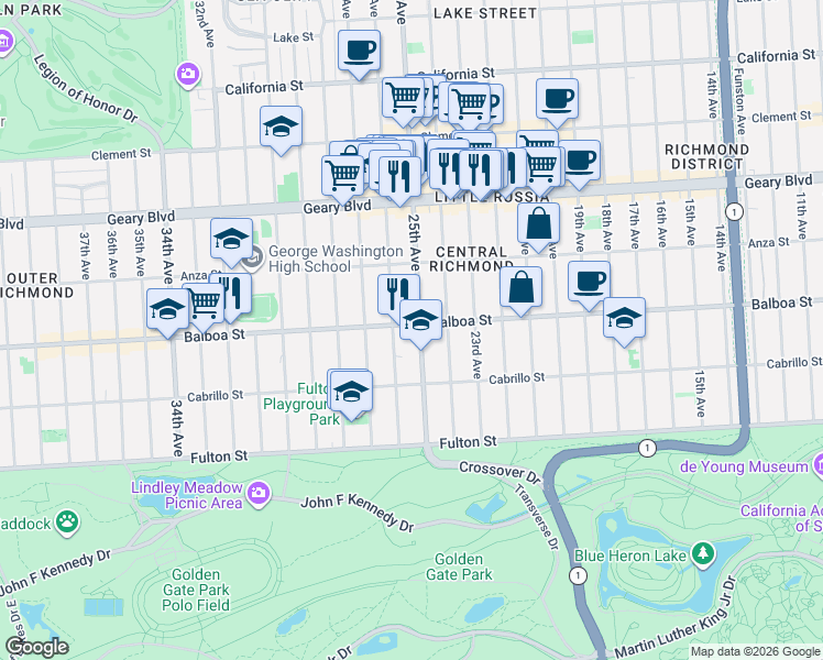 map of restaurants, bars, coffee shops, grocery stores, and more near 731 26th Avenue in San Francisco