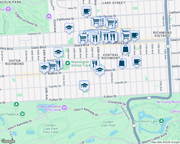 map of restaurants, bars, coffee shops, grocery stores, and more near 731 26th Avenue in San Francisco