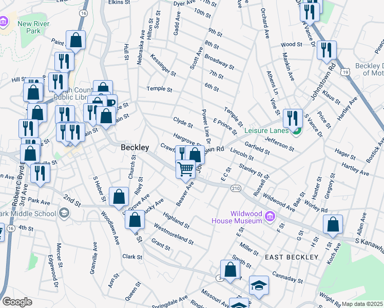 map of restaurants, bars, coffee shops, grocery stores, and more near 237 Crawford Street in Beckley