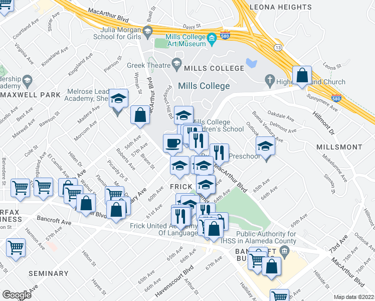 map of restaurants, bars, coffee shops, grocery stores, and more near 5930 MacArthur Boulevard in Oakland