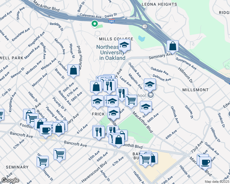 map of restaurants, bars, coffee shops, grocery stores, and more near 6021 Monadnock Way in Oakland