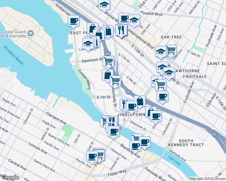 map of restaurants, bars, coffee shops, grocery stores, and more near Kennedy St & Diesel St in Oakland