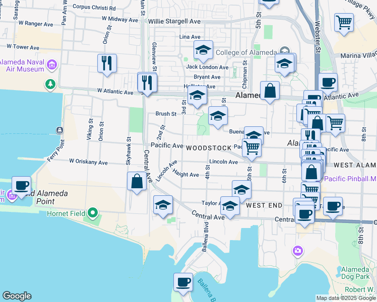 map of restaurants, bars, coffee shops, grocery stores, and more near 306 Pacific Avenue in Alameda