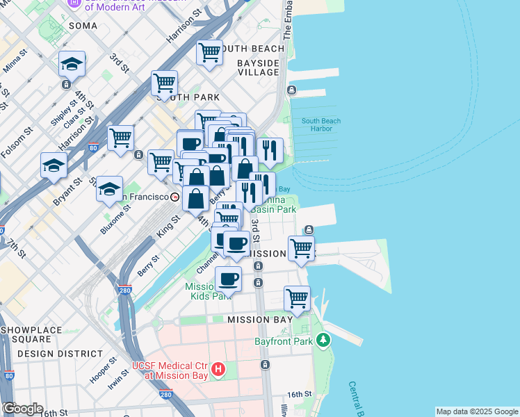 map of restaurants, bars, coffee shops, grocery stores, and more near 32 Terry A Francois Boulevard in San Francisco