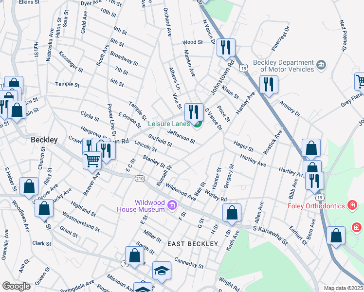 map of restaurants, bars, coffee shops, grocery stores, and more near 227 Garfield Street in Beckley