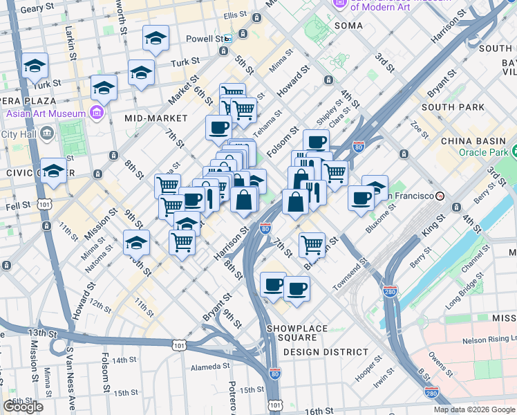 map of restaurants, bars, coffee shops, grocery stores, and more near 1098 Harrison Street in San Francisco
