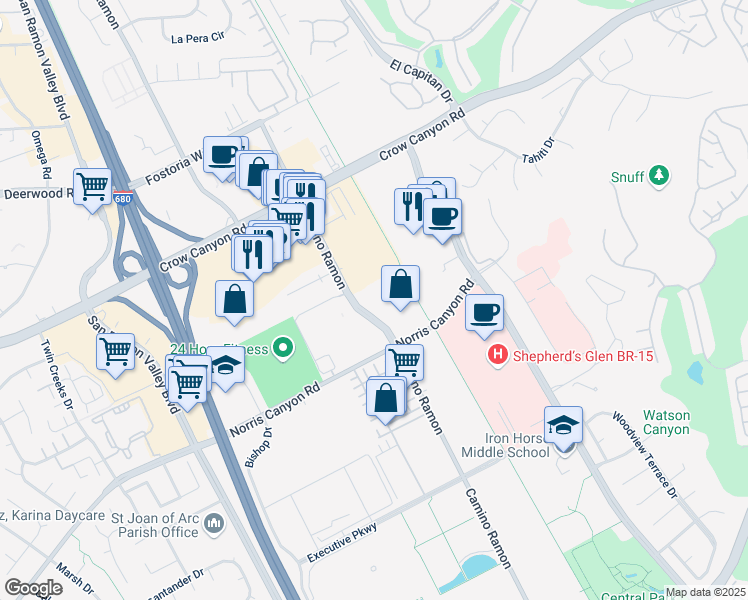 map of restaurants, bars, coffee shops, grocery stores, and more near 2301 Camino Ramon in San Ramon