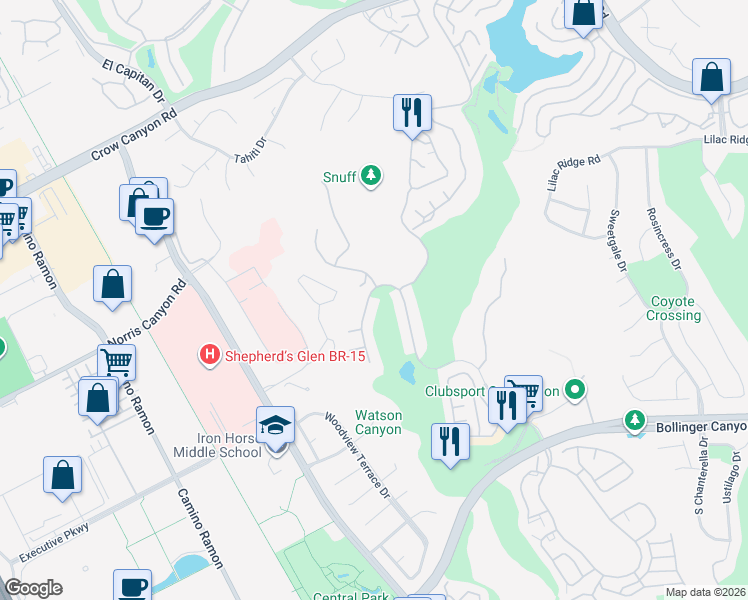 map of restaurants, bars, coffee shops, grocery stores, and more near 2300 Canyon Lakes Drive in San Ramon