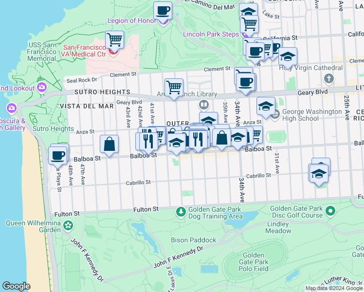 map of restaurants, bars, coffee shops, grocery stores, and more near 676 39th Avenue in San Francisco