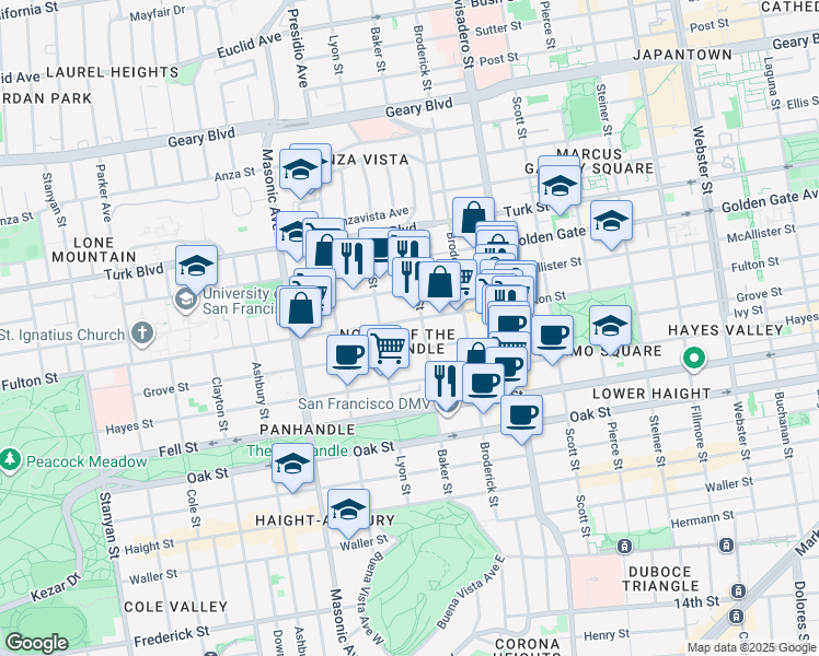 map of restaurants, bars, coffee shops, grocery stores, and more near 1525 Fulton Street in San Francisco
