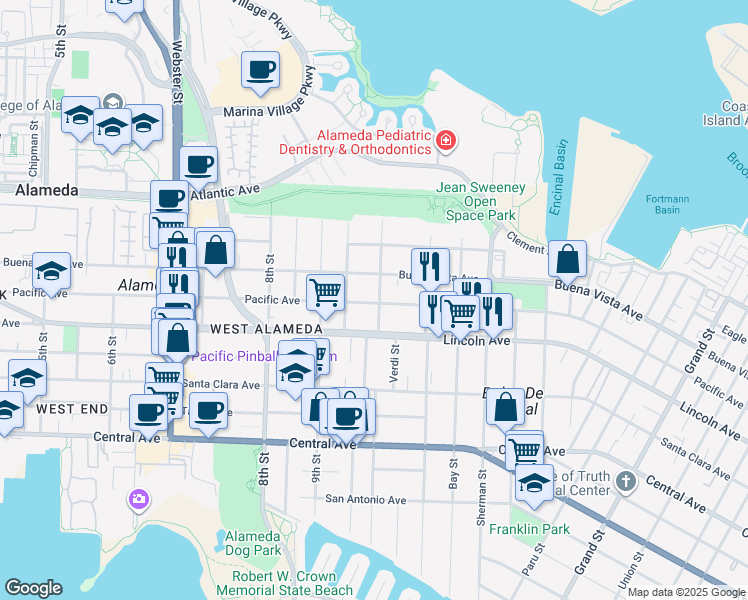 map of restaurants, bars, coffee shops, grocery stores, and more near 949 Pacific Avenue in Alameda