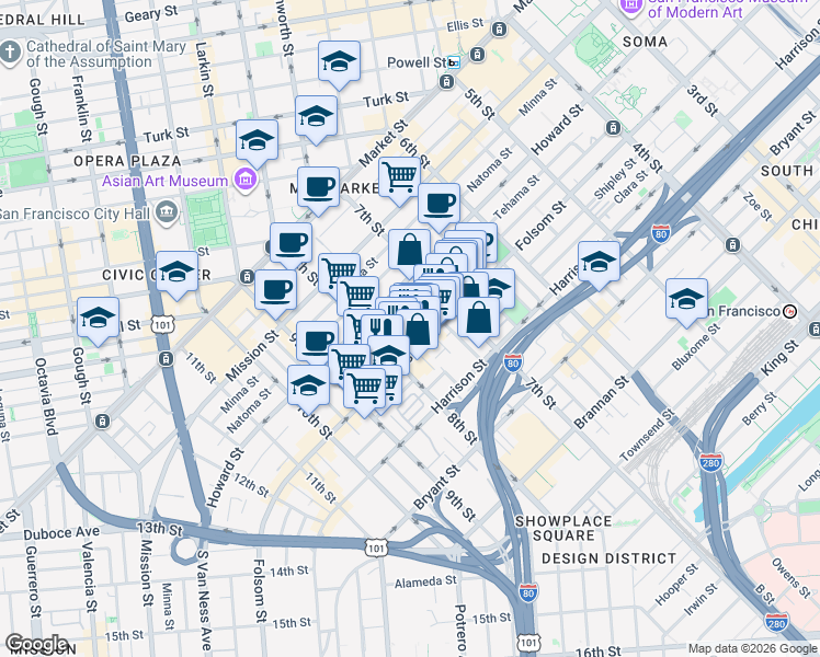 map of restaurants, bars, coffee shops, grocery stores, and more near 1140 Folsom Street in San Francisco