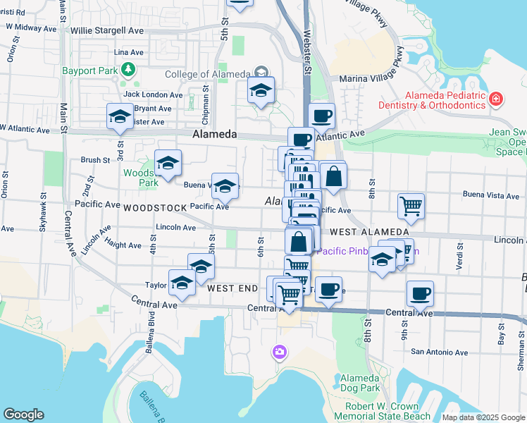 map of restaurants, bars, coffee shops, grocery stores, and more near 616 Pacific Avenue in Alameda