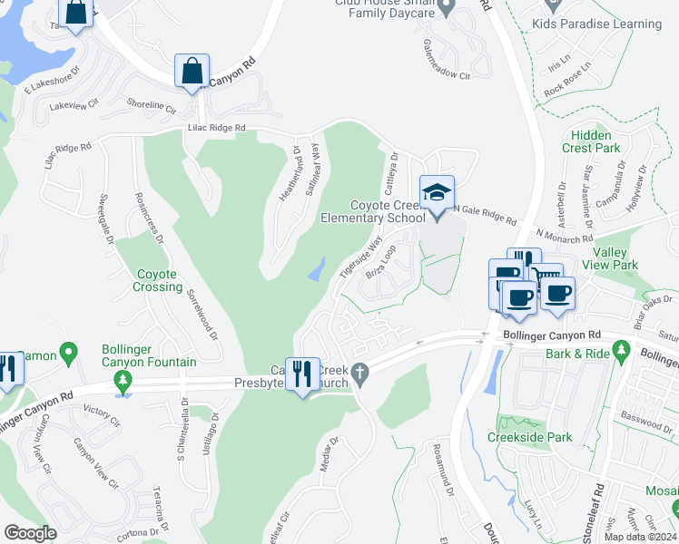 map of restaurants, bars, coffee shops, grocery stores, and more near 6090 Tigerside Way in San Ramon
