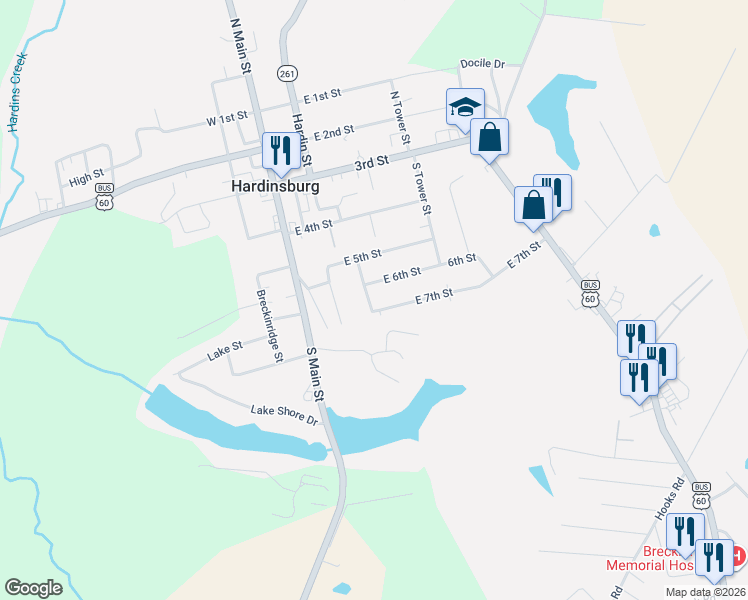 map of restaurants, bars, coffee shops, grocery stores, and more near 401 East 7th Street in Hardinsburg