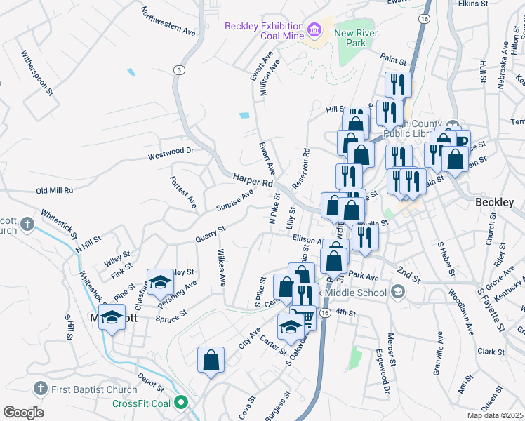 map of restaurants, bars, coffee shops, grocery stores, and more near 106 Quarry Street in Beckley