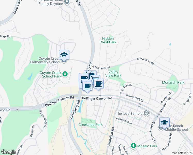 map of restaurants, bars, coffee shops, grocery stores, and more near 2221 Amaryllis Circle in San Ramon
