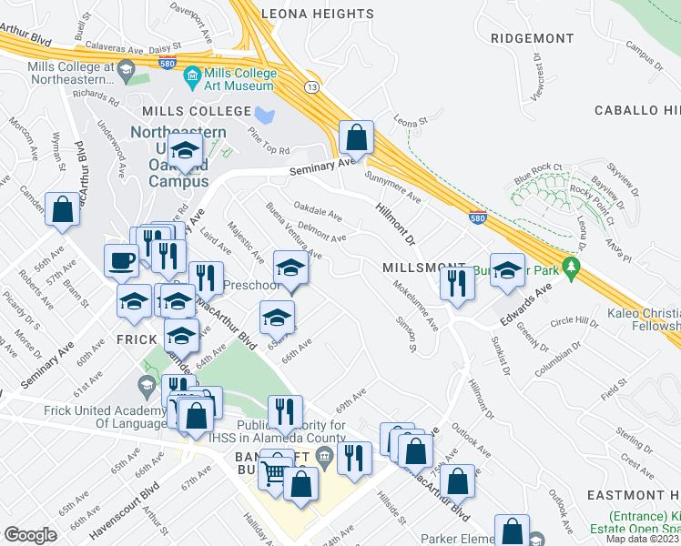 map of restaurants, bars, coffee shops, grocery stores, and more near 6500 Buena Ventura Avenue in Oakland