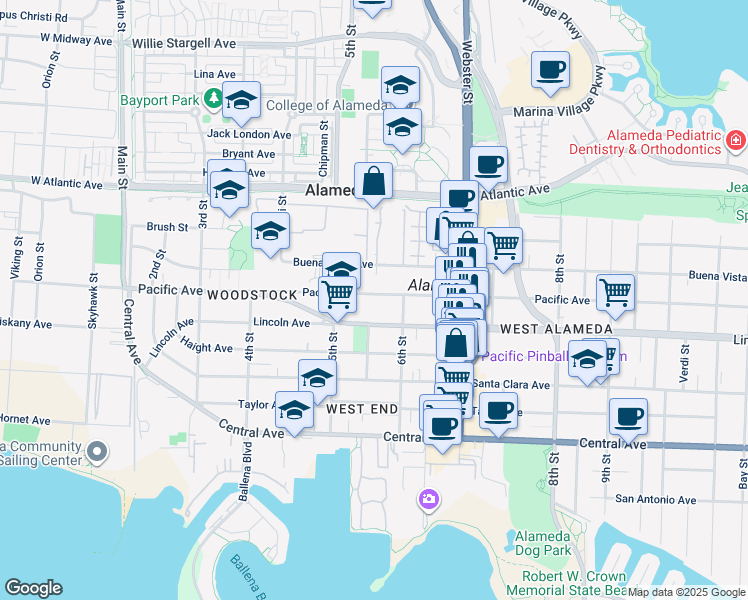 map of restaurants, bars, coffee shops, grocery stores, and more near 538 Pacific Avenue in Alameda