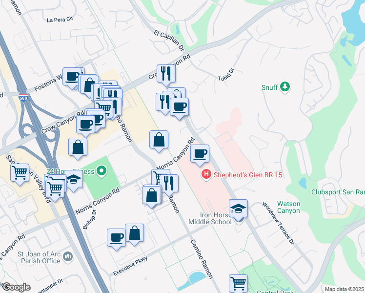 map of restaurants, bars, coffee shops, grocery stores, and more near 4704 Norris Canyon Road in San Ramon