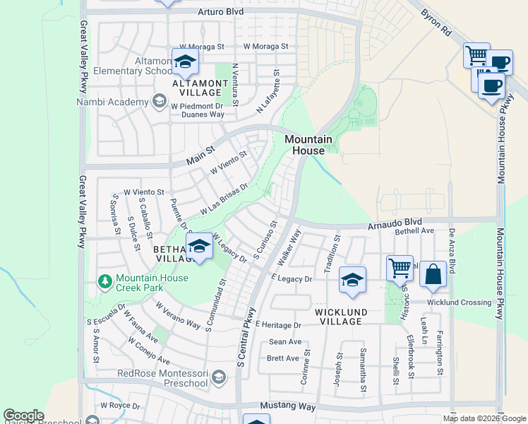map of restaurants, bars, coffee shops, grocery stores, and more near West Arnaudo Boulevard in Tracy