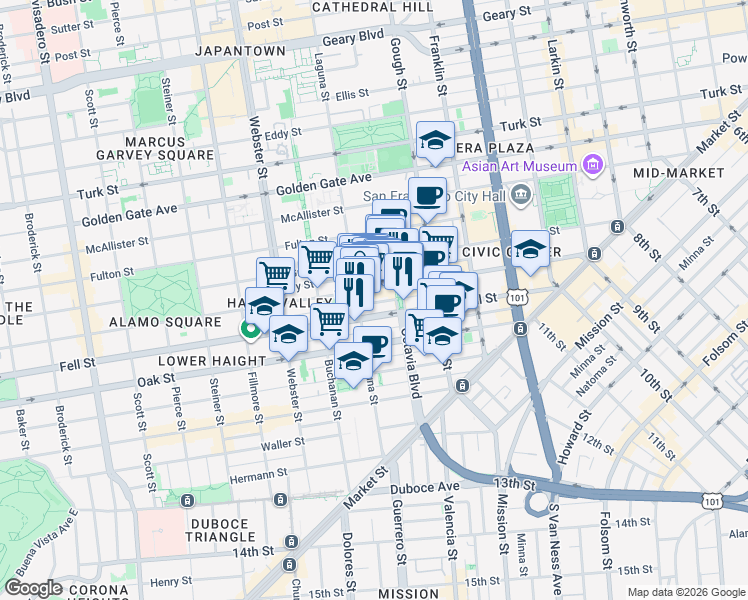 map of restaurants, bars, coffee shops, grocery stores, and more near 542 Laguna Street in San Francisco