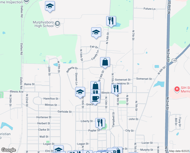 map of restaurants, bars, coffee shops, grocery stores, and more near 1105 B And J Circle in Murphysboro