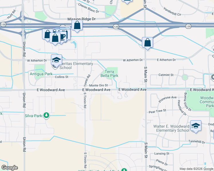map of restaurants, bars, coffee shops, grocery stores, and more near 422 Monte Oro Street in Manteca