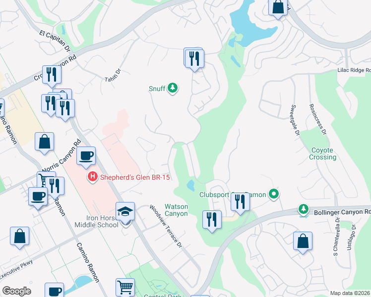 map of restaurants, bars, coffee shops, grocery stores, and more near 2190 Canyon Lakes Drive in San Ramon