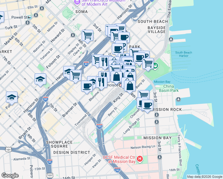 map of restaurants, bars, coffee shops, grocery stores, and more near Townsend Street in San Francisco