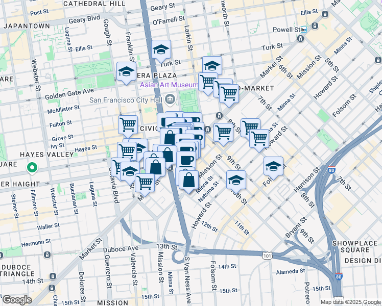 map of restaurants, bars, coffee shops, grocery stores, and more near 8 10th Street in San Francisco