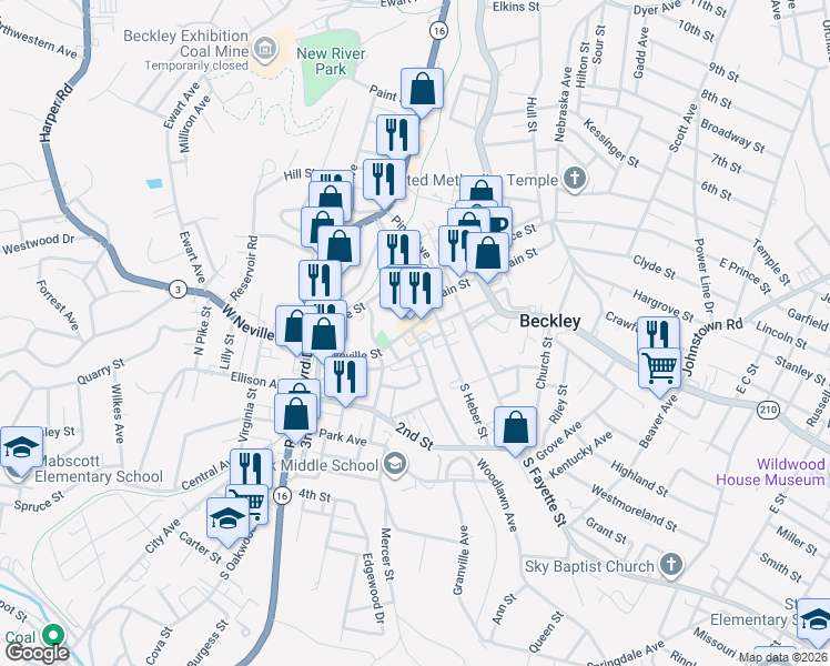 map of restaurants, bars, coffee shops, grocery stores, and more near 400 Neville Street in Beckley