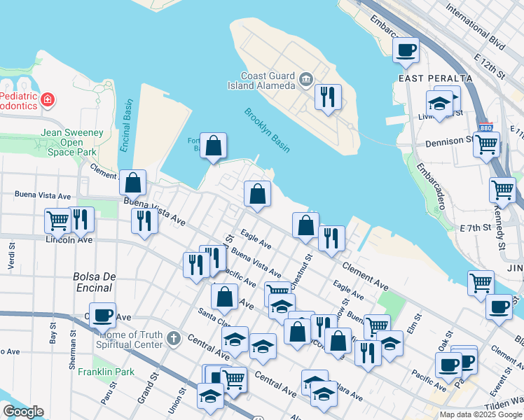 map of restaurants, bars, coffee shops, grocery stores, and more near 1777 Clement Avenue in Alameda
