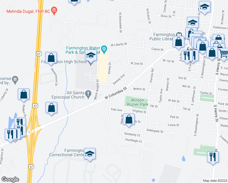 map of restaurants, bars, coffee shops, grocery stores, and more near 907 West Columbia Street in Farmington