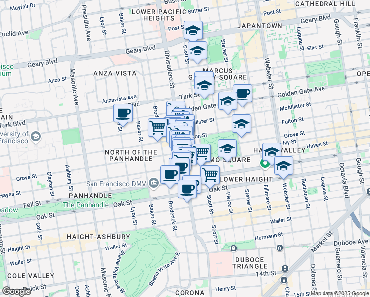 map of restaurants, bars, coffee shops, grocery stores, and more near 1280 Grove Street in San Francisco